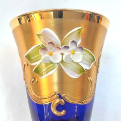 【Venetian Glass for Everyday Use - Blue ①】 'Wine Glass' Murano glass, Western antique, blue with gold decoration, enamel-painted flower petals, approximately 7.5cm in diameter x 15cm in height, one-owner used item, in good condition, 2412SNA