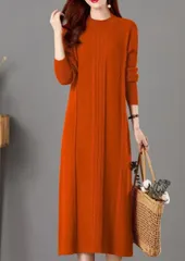 【オレンジ】ニットワンピース ロング丈 レディース 秋冬 長袖 タートルネック