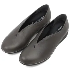 カジュアルシューズ グレー 本革 日本製 国産 3E 幅広設計 V字カット 軽量 屈曲 防滑 シンプル レディース