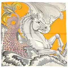 エルメス HERMES スカーフ カレ90 CARRE ダブルフェイス シルク ジョーヌドール×グリ×ローズ 【CHEVAL SIRENE/シュヴァル シレーヌ】  【箱】【中古】