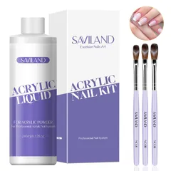 SAVILAND モノマー アクリル ネイル リキッド  240ml ネイルブラシ 3 本付き サイズ (8/10/14) アクリルパウダー用 DIY ホーム ネイル サロン用 黄ばまない ネイルリキッド