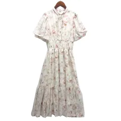 ワンアフター アナザー ナイスクラップ one after another NICE CLAUP 水彩 花柄 シャーリング ワンピース ロング丈 シフォン パフスリーブ 半袖 オフホワイト F 0121090220