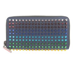 美品 クリスチャンルブタン マルチスタッズ レザー ブルー 青 ラウンドファスナー長財布 財布 1584 Christian Louboutin