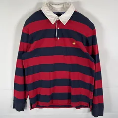 古着 ブルックスブラザーズ Brooks Brothers 長袖 ラガーシャツ ワンポイントロゴ刺繍 ボーダー柄 ポロシャツ L  レッド メンズ