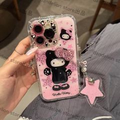 スマホケース　キティちゃん　ピンク　ヒョウ柄　星　リボン　ストラップ付き　iPhone対応　アイフォンケース　iPhone16pro/16promax/15/14/13　可愛いケース　海外限定　新品未使用