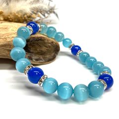 キャッツアイ(ライトブルー)×青瑪瑙 パワーストーン ブレスレット  (シルバー) メンズ・レディース　男性・女性　数珠ブレス 開運 [23]