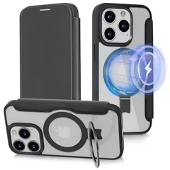 【スタンド機能&手帳型・2024新型】ハット iPhone 15 Pro 用 ケース スマホカバー [MagSafe対応・隠しスタンド] 全面保護 耐衝撃 手帳型 レザーケース カード収納1枚 小銭入れ ワイヤレス充電 滑り止め 指紋防止 背面透明 ストラ 1