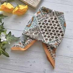 2枚セット　バンダナ 大判 サイズ 綿 おしゃれ かわいい アジアン エスニック 北欧 象と花柄 エレファント 青 ブルー マスタード BL ハンカチ お弁当 包み スカーフ スタイ レディース 約52cm×52cm