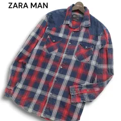 ZARA MAN ザラ マン 通年 SLIM FIT デニム切替★ 長袖 ウォッシュ加工 ウエスタン インディゴ チェック シャツ Sz.L　メンズ