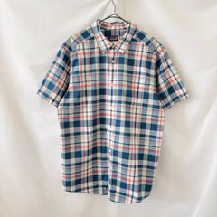 【L】古着 patagonia パタゴニア オーガニックコットン 半袖シャツ チェック柄 ホワイト ネイビー パステルカラー
