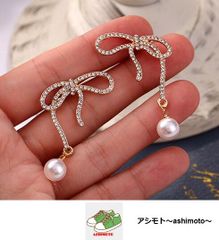 ☆新品未使用「送料込」ピアス//ゆらゆら パールとリボン//キュート//10