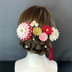 ダリアのつまみ細工髪飾り/ウエディング 振袖 ヘッドドレス ヘッドパーツ 七五三 赤 ピンク