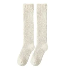 あったか 膝下丈 もこもこソックス レディース 厚手 無地 シンプル ふわふわ 靴下 冷え対策 部屋履き 両面起毛 ハイソックス 秋冬 黒 白 茶 紫 青 lg-006