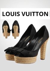 ルイ ヴィトン オープントゥ リボンサンダル ウエッジソール LV パンプス サテン×レザー 黒 22.5