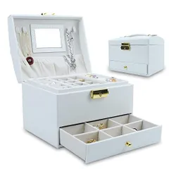 オフホワイト helmdy ジュエリーボックス 三層PUレザージュエリーケース アクセサリーケース 鍵付き宝石箱 鏡付き ピアス ネックレス 指輪 リング アクセサリー 指輪置き ジュエリーバッグ(ホワイト)……