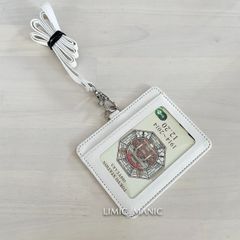 【横型】パスケース・カードケース ネックストラップ付 IC/IDカード 定期入れ クリア窓 社員証 ホワイト