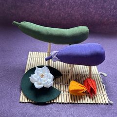【お盆飾りセット②　ちりめん　つまみ細工】　　精霊馬　一越ちりめん　ほおずき　ナス　キュウリ　蓮　初盆　新盆　ちりめん馬牛セット　ちりめん　ハンドメイド　就労継続支援B型