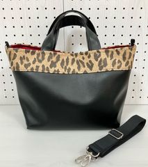 ハンドメイド＊変形2WAYトート フェイクレザー黒×レオパード(853)