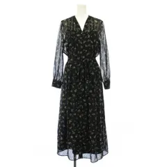 アナイ ANAYI フレアワンピース マキシ ロング 長袖 Vネック シアー シースルー 花柄 ベルト 36 紺 ネイビー /BB