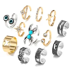 【数量限定】月 ゴールド シルバー 星 フリーサイズ 蝶 重ね付け ターコイズ 多連 足用リング アンティーク調 ボヘミアン ビーチ 指輪セット レディース 夏 トゥリング 海リゾート向け [Rockyu]