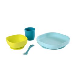 新品未使用 ベビー食器 離乳食 食器 4点セット BEABAベアバ 吸盤付き シリコン食器 お皿 ブルー