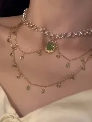 ジュエリー レディース ネックレス ペンダント 1個 緑の水滴フォークパール二重ネックレス 女性用、高級エレガントボーンチェーン