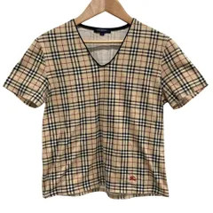 美品 BURBERRY LONDON バーバリーロンドン ノバチェック柄 ホース刺繍 Vネック ストレッチ 半袖 Tシャツ カットソー ２ ベージュ レディース 古着 中古 USED