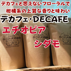 デカフェ DECAFE エチオピア シダモ 100g×１袋 デカフェと思えないフローラルで柑橘系の上質な香味 新鮮厳選 炭火焙煎 可愛い猫柄 ねこのめ珈琲 ハンドピック済 お土産用にもどうぞ