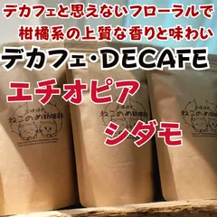 デカフェ DECAFE エチオピア シダモ 100g×１袋 デカフェと思えないフローラルで柑橘系の上質な香味 新鮮厳選 炭火焙煎 可愛い猫柄 ねこのめ珈琲 ハンドピック済 お土産用にもどうぞのサムネイル
