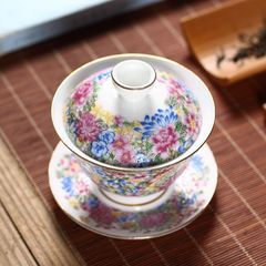 中式 茶器 蓋碗 三才蓋碗 、琅彩 花柄 陶器製 大サイズ 中国茶器 工夫茶器 茶碗 受け皿セット 茶道具 インテリア アンティーク風