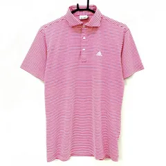 【超美品】アディダス 半袖ポロシャツ ピンク×白 ボーダー ロゴ刺しゅう メンズ M/M ゴルフウェア adidas