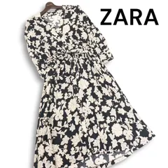 【美品】ZARA ザラ 現行タグ 春夏★ 花柄 フラワー 総柄 7分袖 Vネック ロング シャツ ワンピース Sz.L レディース