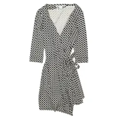 ダイアンフォンファステンバーグ DIANE von FURSTENBERG ジオメトリック柄 幾何学模様 ラップ シルク ワンピース カシュクール Vネック ストレッチ サイズ4 M ブラック 黒 レディース YBA11