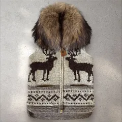 【美品】カナディアンセーター　ベスト　カウチン　ファー付き　カナダ　ウール100