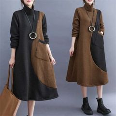 ワンピース ワンピ 配色 切り替え 膝丈 長袖 ハイネック タートルネック 秋 冬 レディース ゆったり シンプル おしゃれ 無地 体型カバー ポケット付き レトロ エレガント カジュアル お洒落 通