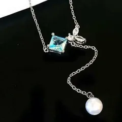 揺れる☆アクアマリン風ストーンとパールのネックレス／シルバーカラー真珠かわいい