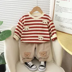 ☆ レッド ☆ 80CM ☆ セットアップ カジュアル キッズ pmykidssetup16 セットアップ Tシャツ 男の子 長袖シャツ 長袖 シャツ パンツ 長ズボン ズボン トレーナー 子供服 ラウンドネック ストライプ かわいい カジュアル
