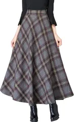 NAKACHI ロングスカート チェック柄 マキシ丈 ハイウエスト レディース Aライン( グレー,  2XL)