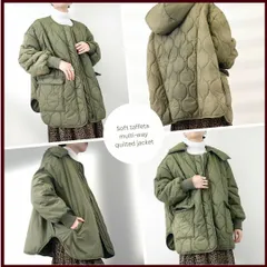 新品タグ付き★ゆったり大きめ 4way取り外しフード付き キルティングコート/表裏リバーシブルゆったりノーカラーコート/キルティングジャケット/カーキ M～L