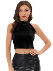 Allegra K クロップトップス ホルターネック キャミソール ベルベット ベロア ベーシック レディース ブラック L