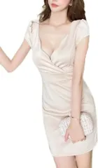 toasoa ワンピース レディース きれいめ タイト ミニ セクシー キャバ嬢 キャバクラ クラブ ホステス お水 カクテル 夜職 衣装 フォーマル ドレス 半袖 スカラップ(ベージュ,  005 - S)