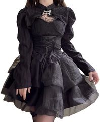 Lady Lazy レディレイジー ゴスロリ ドレス ビスチェ ボレロ スカート 地雷系 コスプレ ひざ上 黒 3点セット(ブラック,  S)