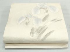 名古屋帯】夏帯 絽塩瀬 洗える 白色系 卯の花色に水色の菖蒲 薄物 盛夏 