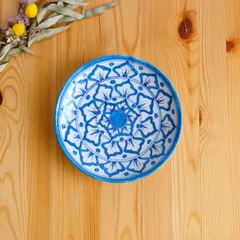陶器飾り皿　インド　ブルーポタリー　中サイズ　白地に放射状の葉