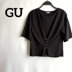 GUジーユー黒ブラックL半袖トップス編み上げおしゃれ無地シンプルカジュアル夏服