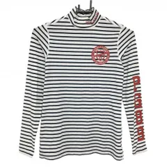 【超美品】パーリーゲイツ 長袖ハイネックシャツ 白×ネイビー ボーダー ロゴレッド  レディース 1(M) ゴルフウェア PEARLY GATES