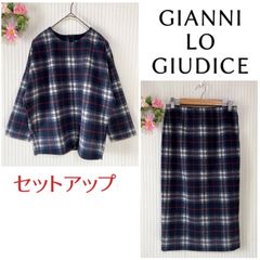 4712 ー大特価ー 美品★ 【ジョルジュレッシュ】 GEORGES RECH レディース セットアップ スカート トップス ブラウス  カットソー （M） 日本製 ストレッチ チェック柄 ネイビー系 ウエストゴム LOT47