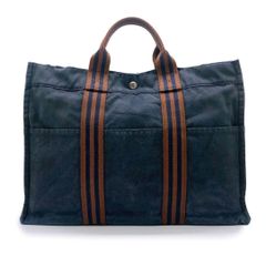 エルメス  フールトゥ MM ボラボラ ブラウン ライン ミドルサイズ ブラウン 茶色 ネイビー キャンパス 布 Hermès