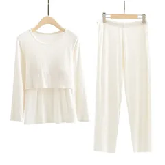 🌙【おうち時間を快適に】カップ付き授乳パジャマセット｜ふんわりコットンリブ素材🍼