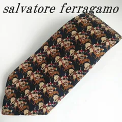 【幸運のホースモチーフ】Salvatore Ferragamo サルヴァトーレフェラガモ ネクタイ 紺 メンズ シルク　乗馬柄　競馬